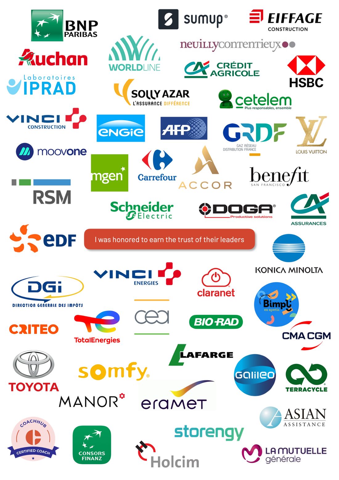 Client organisations including BNP Paribas, Toyota, Accor, Schneider Electric, TotalEnergies, Louis Vuitton, Carrefour, Worldline and CoachHub